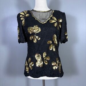 NWT Vintage Stenay Silk Beaded Sequin Floral Top S‎ Formal Maximalist Party Glam